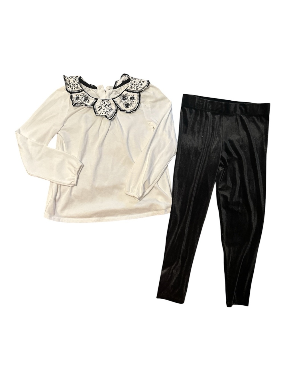 Girls Black Leggings & Cream Top Set with Embroidered Collar